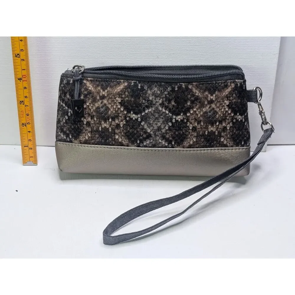 GloveIt Women's Wristlet Clutch Snakeskin Print Brown Gray Zip Organizer Bag